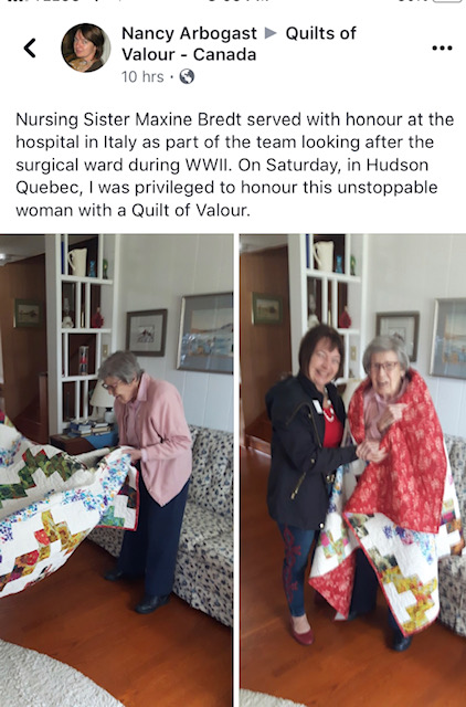 Nursing Sister Maxine Bredt receives a Quilt of Valor